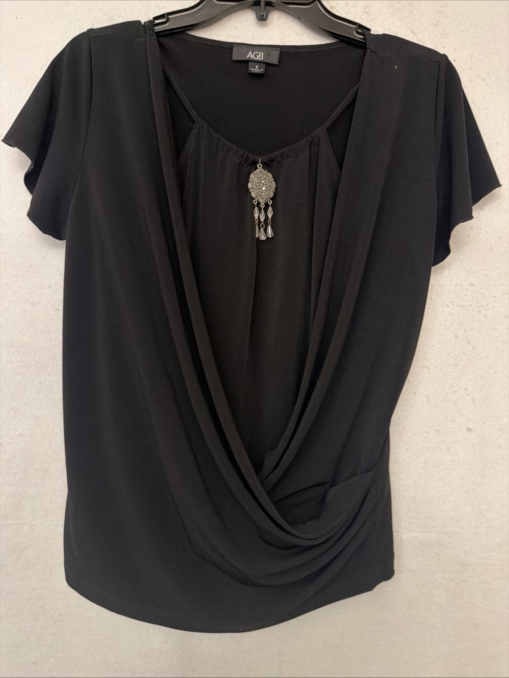 AGB Black Layered Crossover Blouse with Built-In Necklace Sz S draped